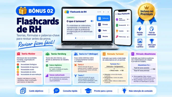 Flashcards de revisão com teorias motivacionais e fórmulas de indicadores de RH