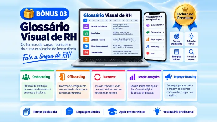Glossário visual com termos de RH como onboarding, headhunting e people analytics