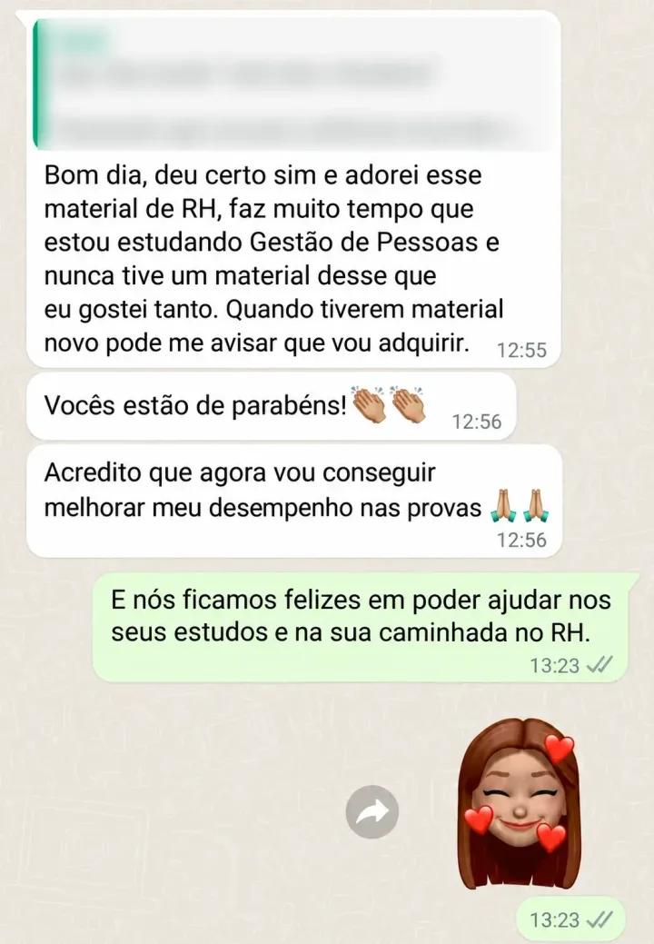 Print de WhatsApp: cliente diz que adorou o material de RH, que nunca teve um material de que gostasse tanto e que agora vai melhorar o desempenho nas provas