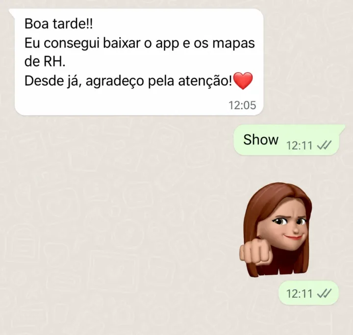 Print de WhatsApp: cliente conta que conseguiu baixar o app e os mapas de RH e agradece a atenção