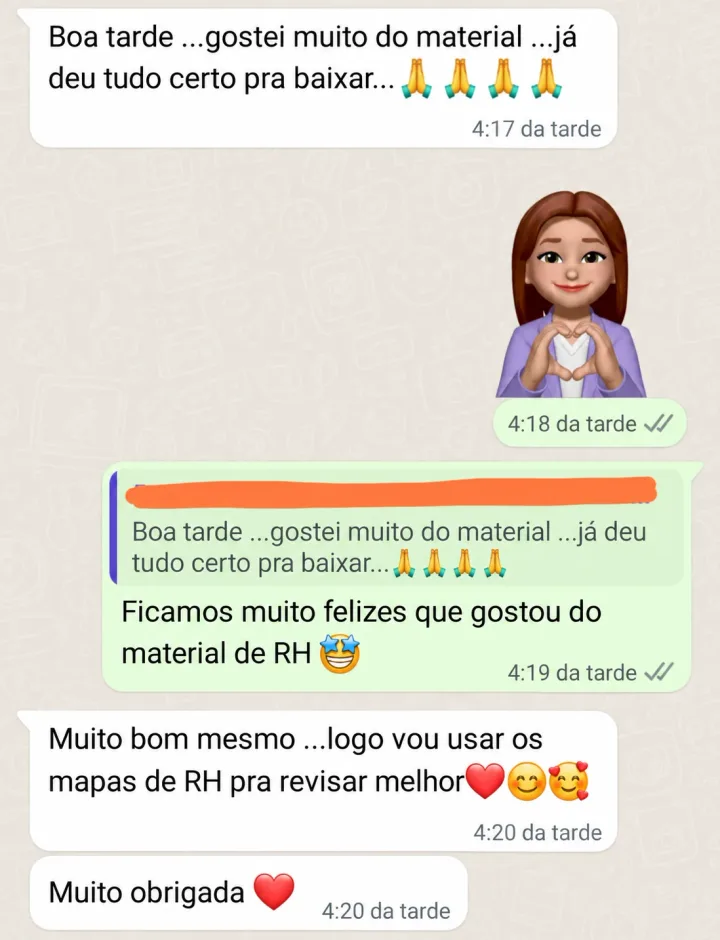 Print de WhatsApp: cliente diz que gostou muito do material e que vai usar os mapas de RH para revisar melhor
